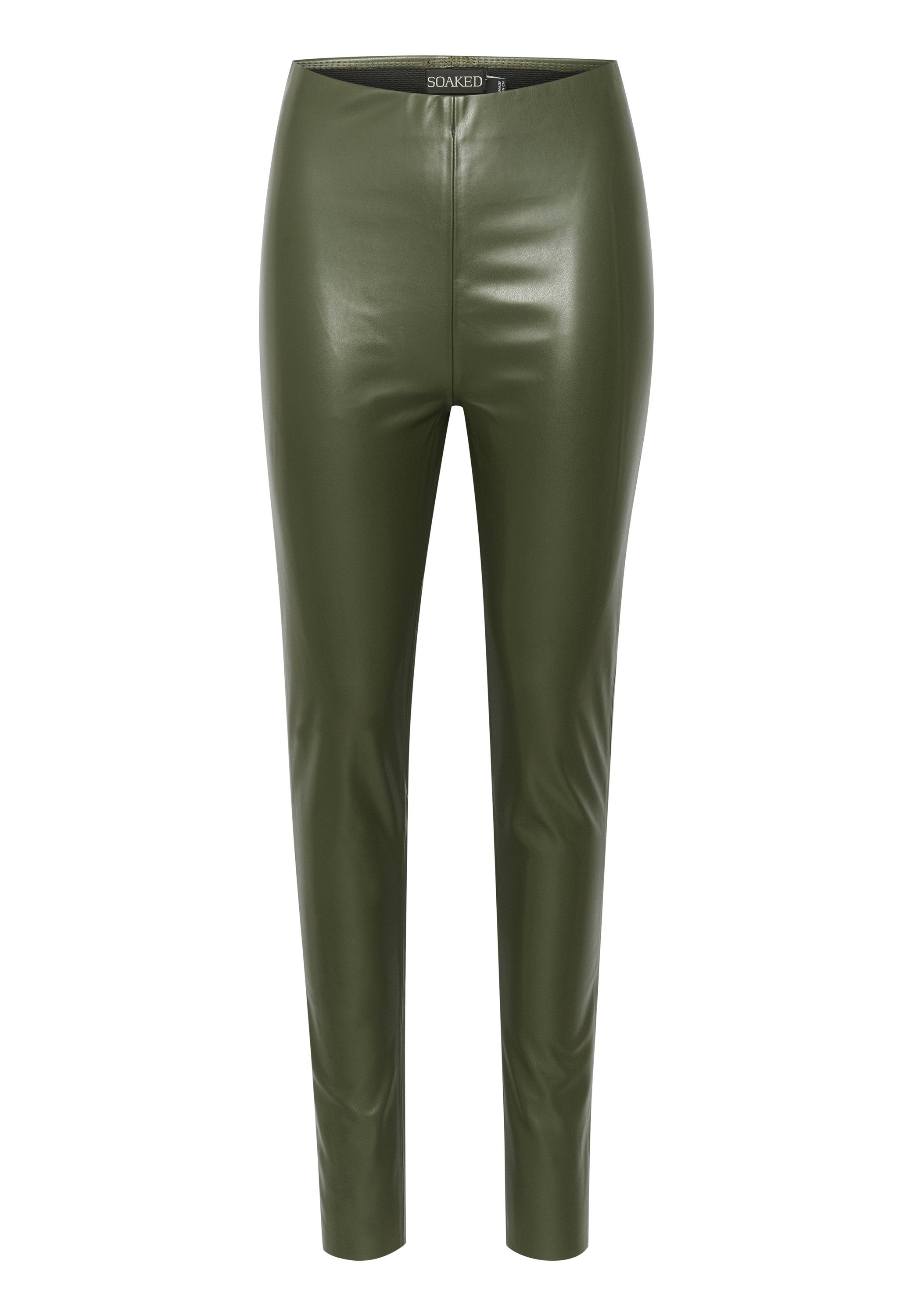 Olivgrüne Kunstlederhose im Slim-Fit-Stil, mit hoher Taille und glatter, glänzender Textur. Keine sichtbaren Beschläge oder Muster.