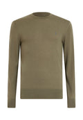 Olivenfarbener Pullover mit langen Ärmeln, rundem Halsausschnitt, gerippten Bündchen und Saum, hergestellt aus weichem Strickmaterial, mit einem kleinen Logo auf der Brust.