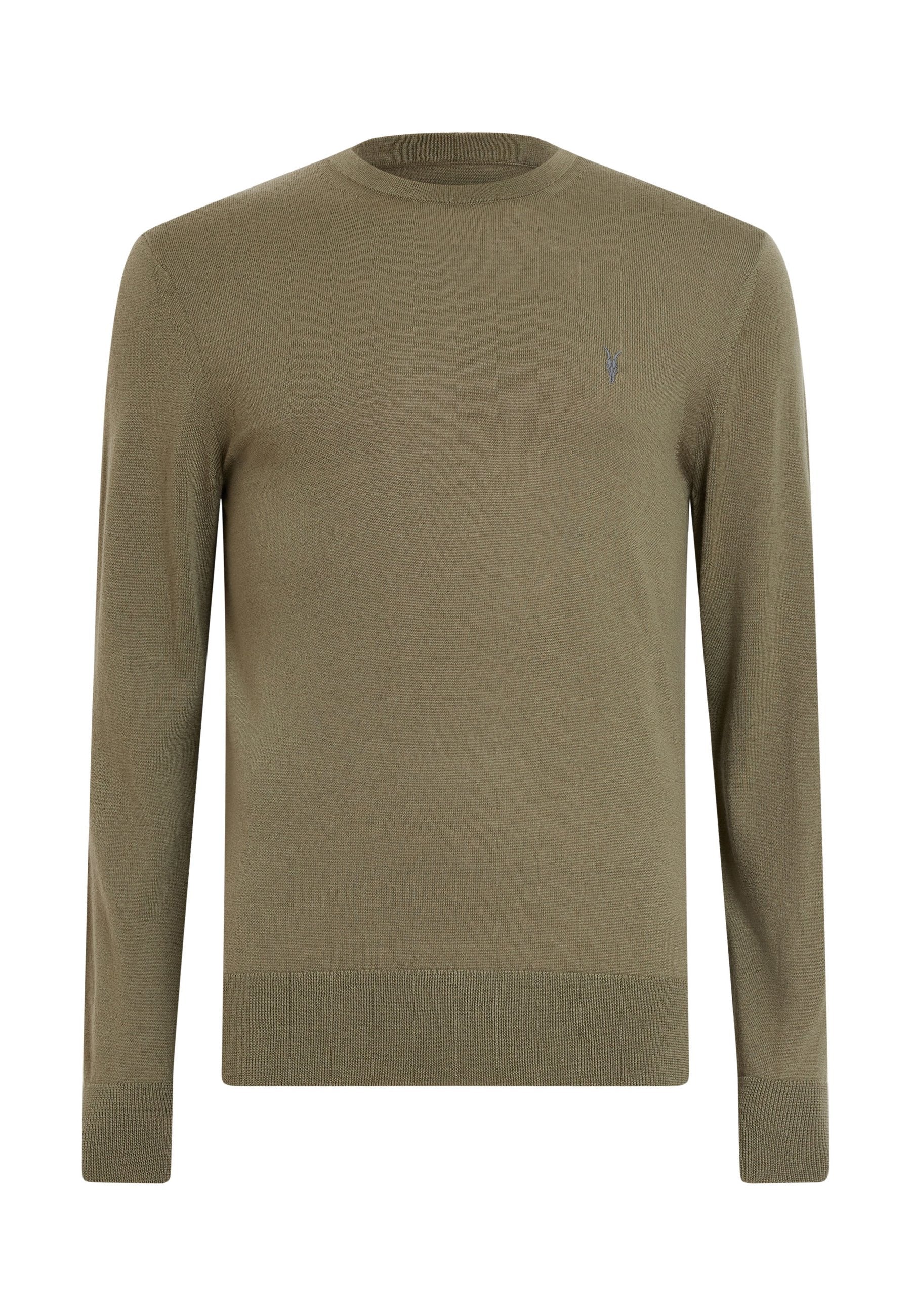 Olivenfarbener Pullover mit langen Ärmeln, rundem Halsausschnitt, gerippten Bündchen und Saum, hergestellt aus weichem Strickmaterial, mit einem kleinen Logo auf der Brust.