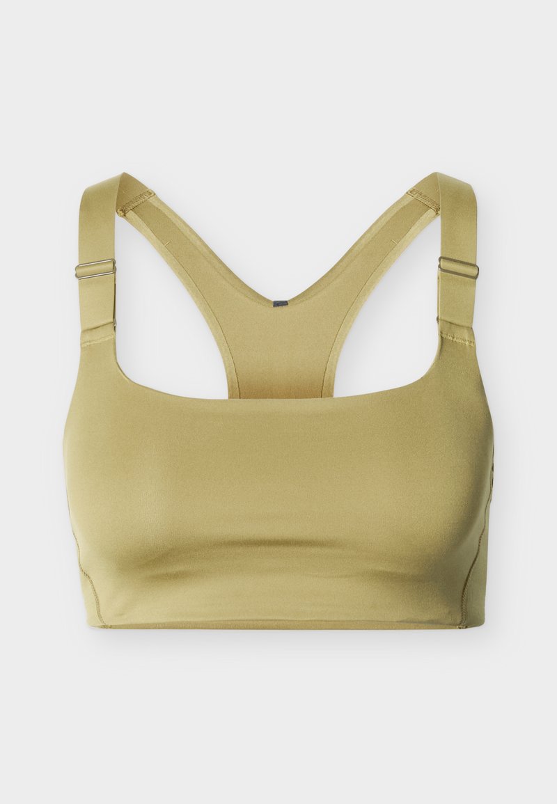 Hellolivgrüner Sport-BH mit verstellbaren Schultergurten und Racerback-Design vor einfarbigem Hintergrund.