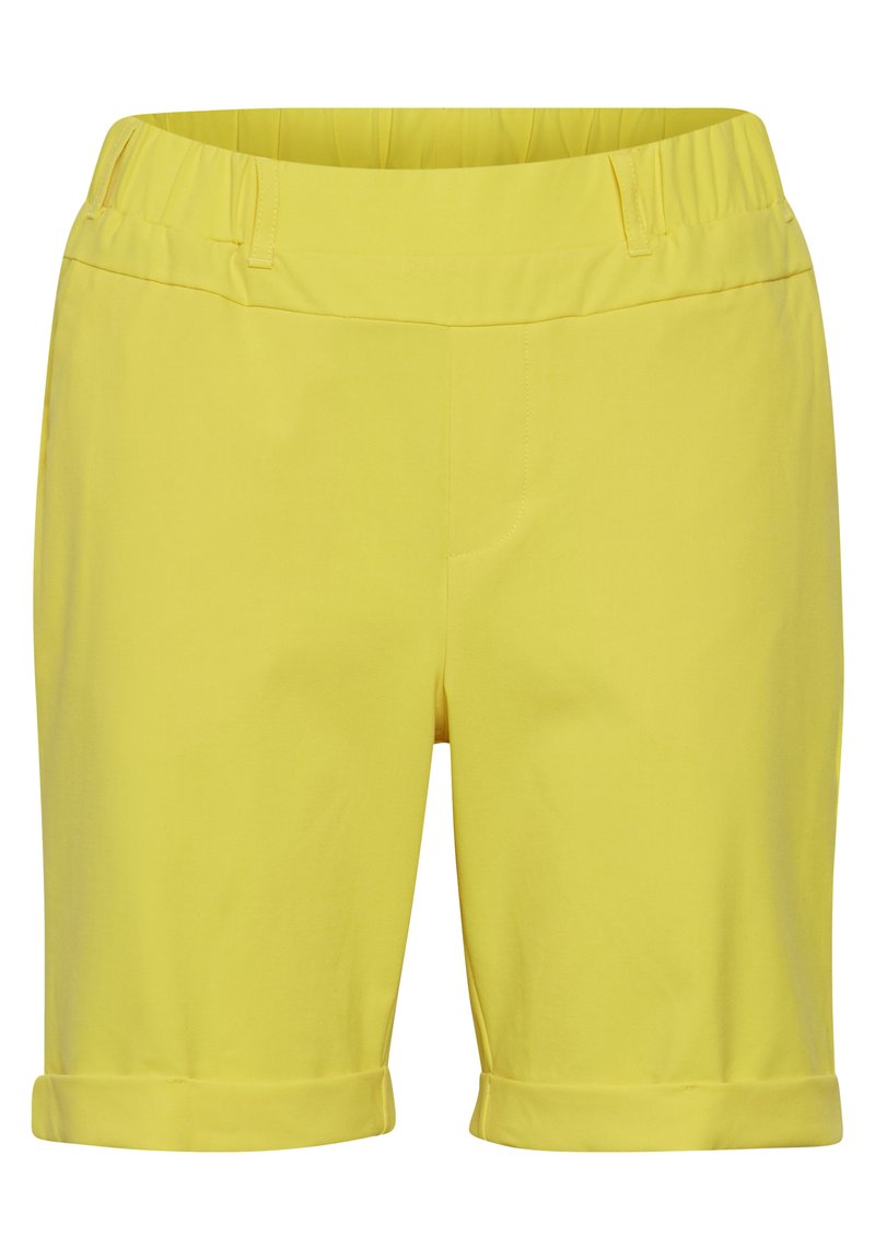 Gelbe Shorts mit elastischem Bund, mit umgeschlagenen Säumen und glatter Stofftextur, entworfen für Komfort und einfache Tragbarkeit.