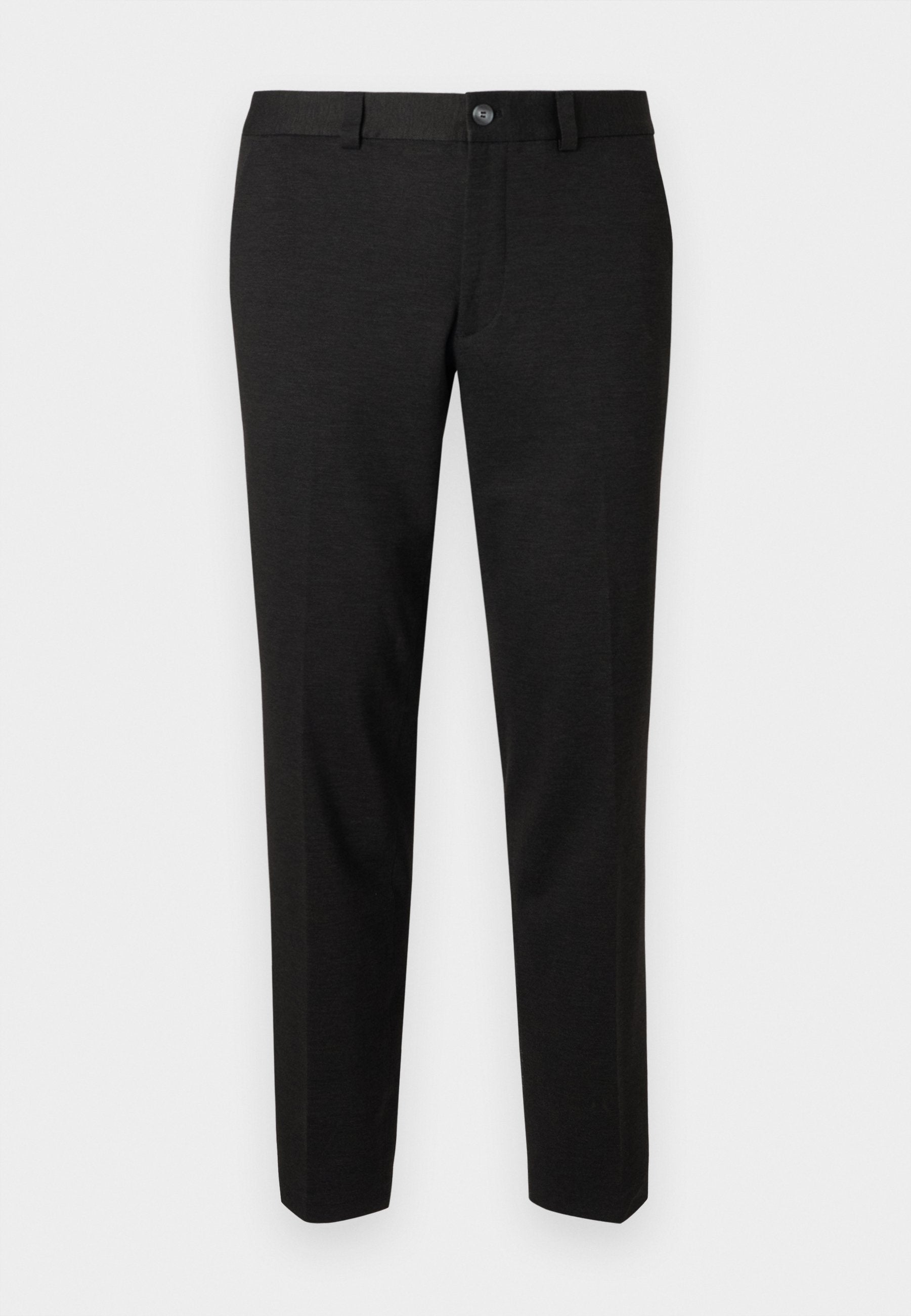 Schwarze Hose aus glattem Stoff. Sie hat einen geraden Schnitt, eine flache Vorderseite und einen Knopfverschluss mit einem schlichten Taillendesign.