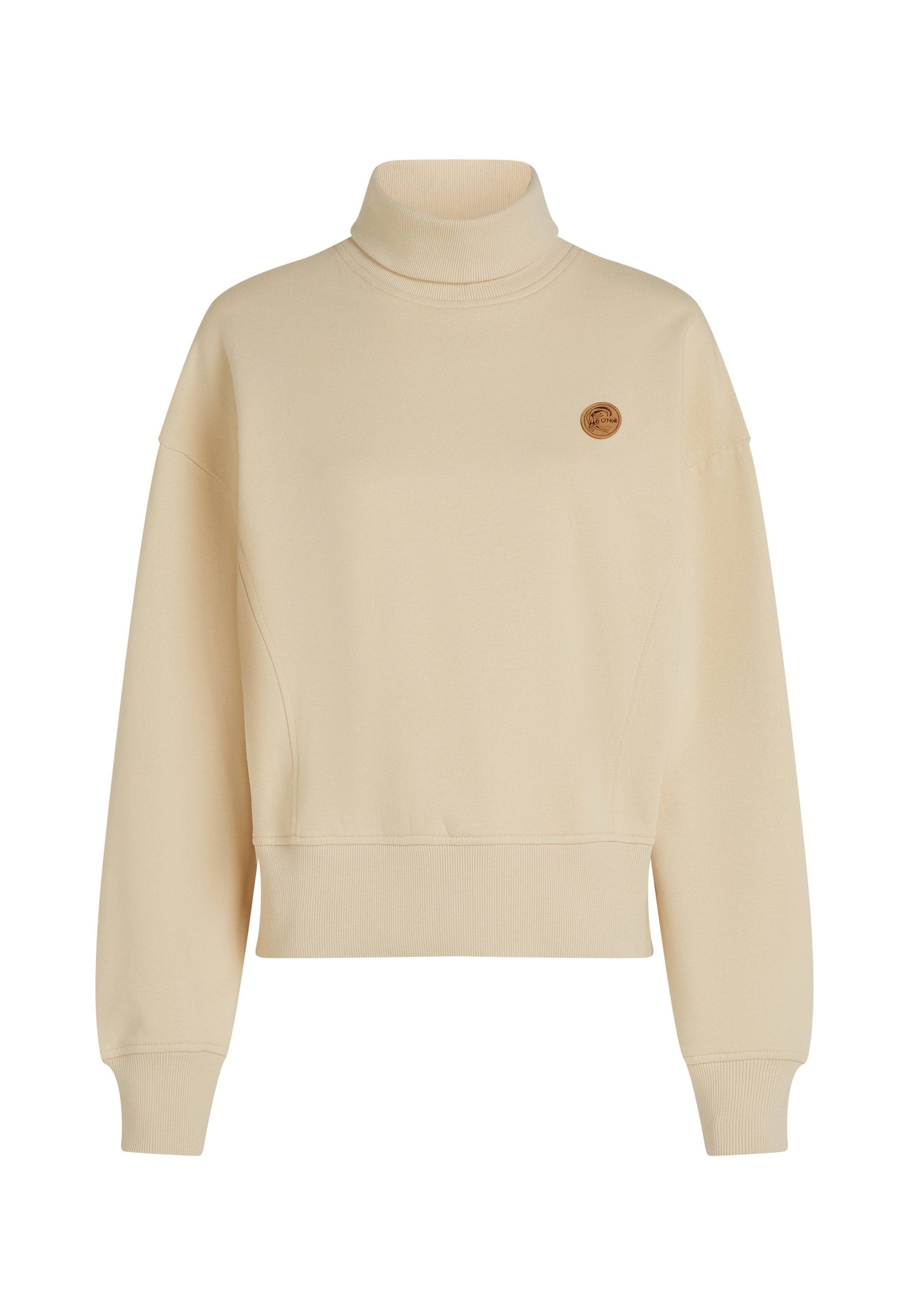 Beige Rollkragen-Sweatshirt aus weichem Stoff, mit einem lockeren Schnitt, überschnittenen Schultern und einem kleinen runden Logo auf der Brust.