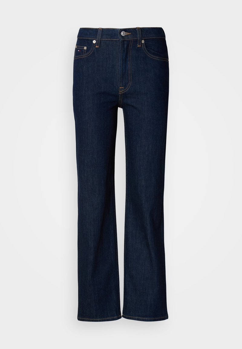 Blaue Jeans aus Denim mit geradem Bein Design, ausgestattet mit Kontrastnähten, einem Knopf- und Reißverschluss sowie einer Fünf-Taschen-Optik.