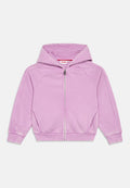 Hellviolette Zip-up-Kapuzenjacke mit weicher Textur, Raglanärmeln, Fronttaschen und Kapuze. Verfügt über einen silbernen Reißverschluss und ein Markenetikett innen.