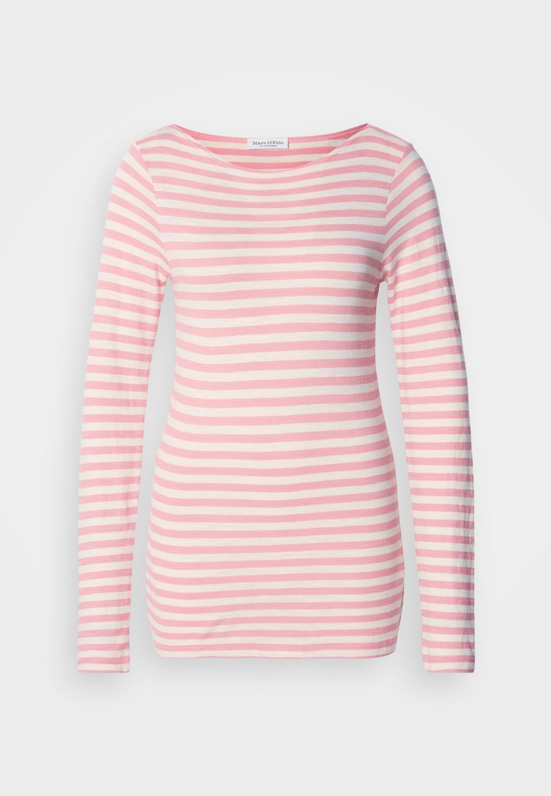 Langarmshirt mit pink-weißen horizontalen Streifen. Weicher Baumwollstoff mit weit ausgeschnittenem Hals und schmaler Passform. Keine nennenswerte Hardware.