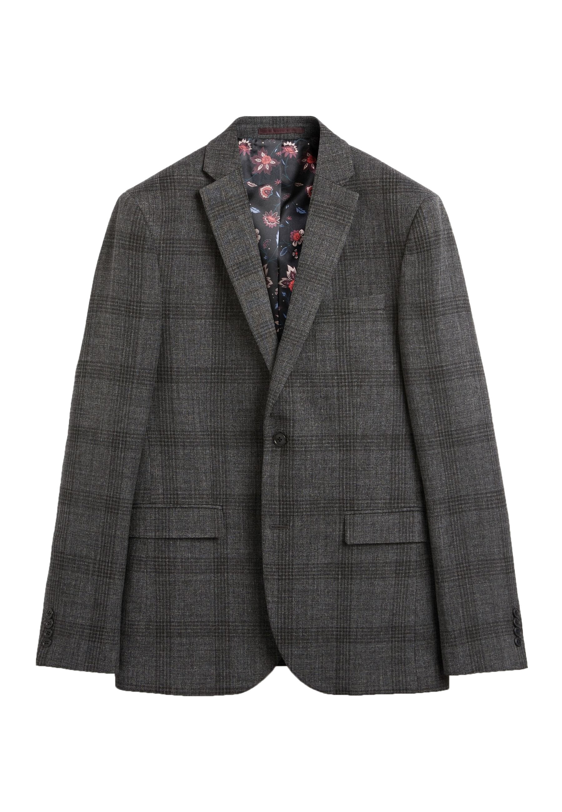 Graues kariertes Sakko mit einem einzelnen Knopfverschluss, Reverskragen, zwei Eingrifftaschen und einem Innenfutter mit Blumenmuster. Taillierte Passform.