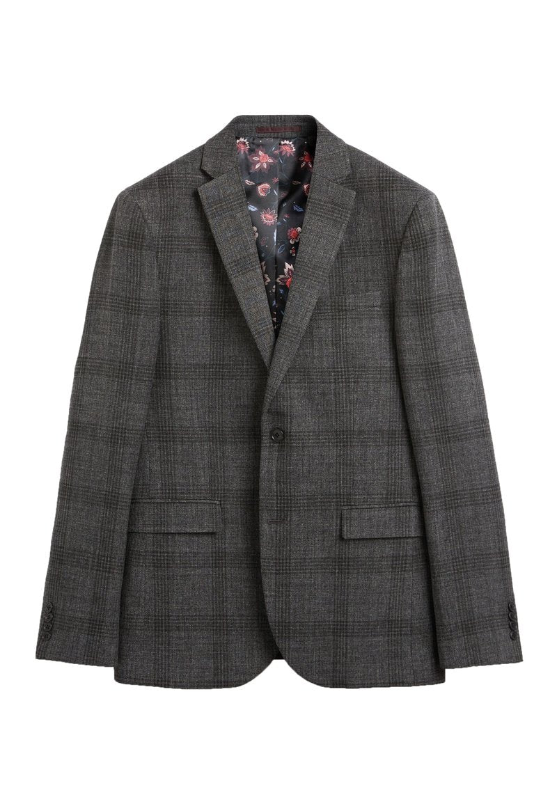 Graues kariertes Sakko mit einem einzelnen Knopfverschluss, Reverskragen, zwei Eingrifftaschen und einem Innenfutter mit Blumenmuster. Taillierte Passform.