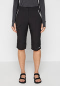 Schwarze Outdoor-Shorts aus dehnbarem Material, mit Reißverschlusstasche, geschwungenen Nähten und reflektierenden Akzenten für bessere Sichtbarkeit.