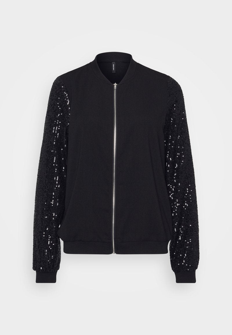 Schwarze Bomberjacke mit einem Frontreißverschluss, ausgestattet mit einem einfarbigen Stoffkörper und Paillettenärmeln. Strukturierte Verarbeitung, mit elastischen Bündchen und Saum.