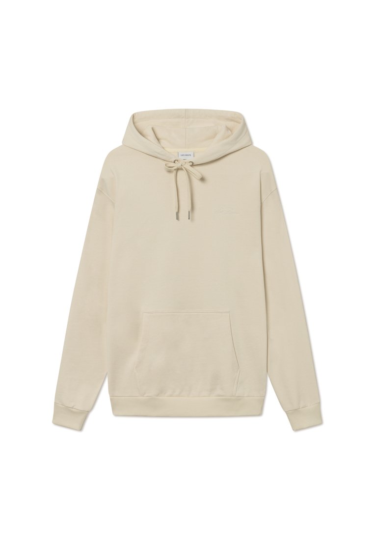 Beige Kapuzenpulli mit verstellbarem Kordelzug, Fronttasche und gerippten Bündchen. Weicher Stoff mit minimalistischem Design.