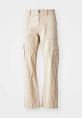 Beige Cargo-Hosen aus strapazierfähiger Baumwolle, mit mehreren Taschen, geradem Bein und sichtbaren Nähdetails.