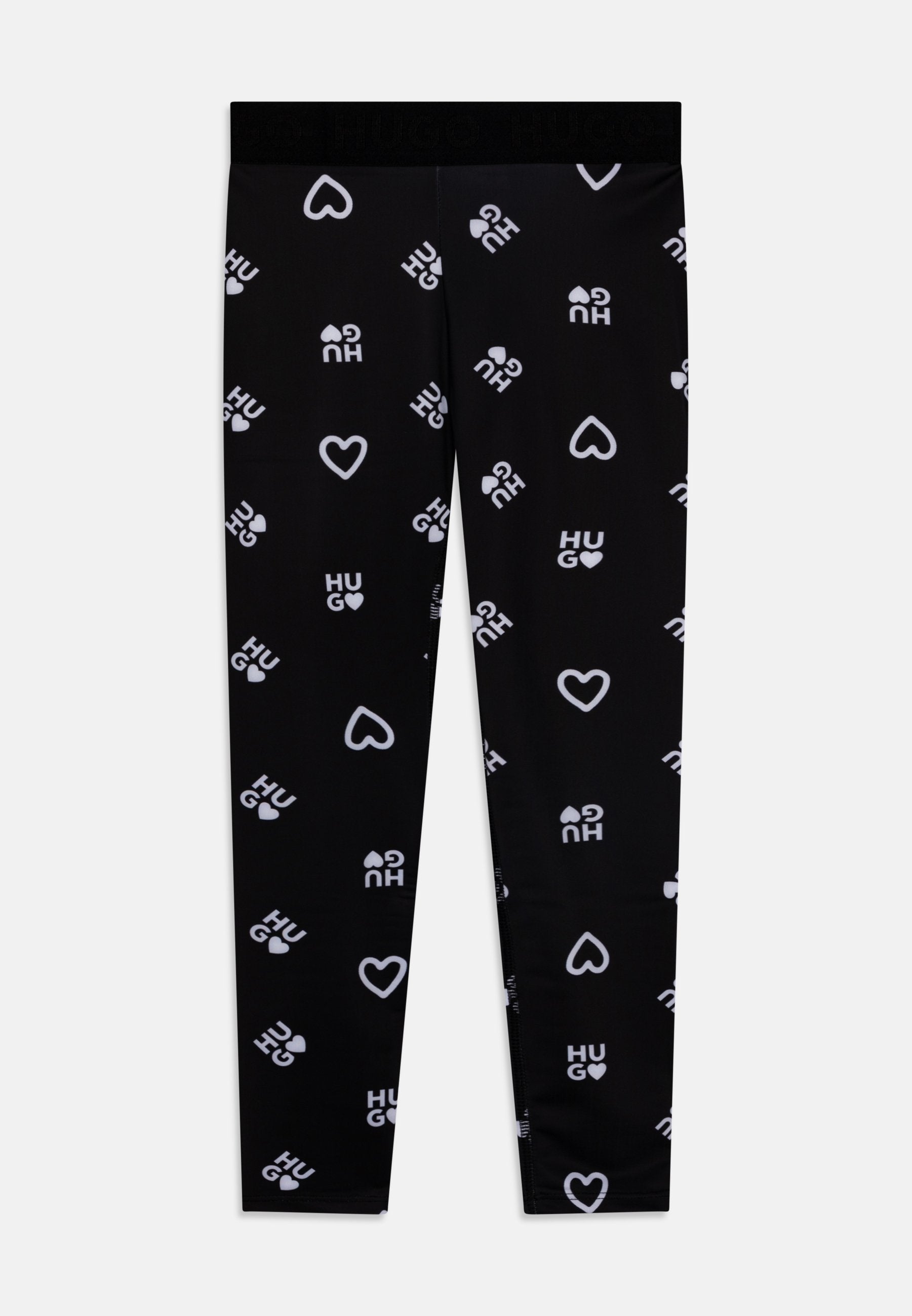 Schwarze Leggings mit einem wiederholten weißen Muster aus dem Wort "HUG" und Herzformen. Glatte Textur und elastischer Bund.