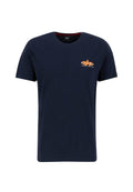 Navyblaue Baumwoll-T-Shirt mit Rundhalsausschnitt und kurzen Ärmeln, das ein orangefarbenes Stern-Logo und Text auf der linken Brustseite trägt.