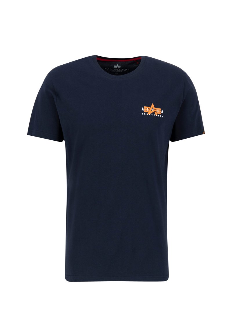 Navyblaue Baumwoll-T-Shirt mit Rundhalsausschnitt und kurzen Ärmeln, das ein orangefarbenes Stern-Logo und Text auf der linken Brustseite trägt.