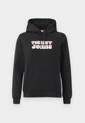 Schwarzer Kapuzenpullover aus Baumwollmischgewebe, mit einem vorderen pinken Logo-Text "TOMMY JEANS" in einer abgerundeten Schriftart. Mit verstellbarem Kordelzug an der Kapuze.