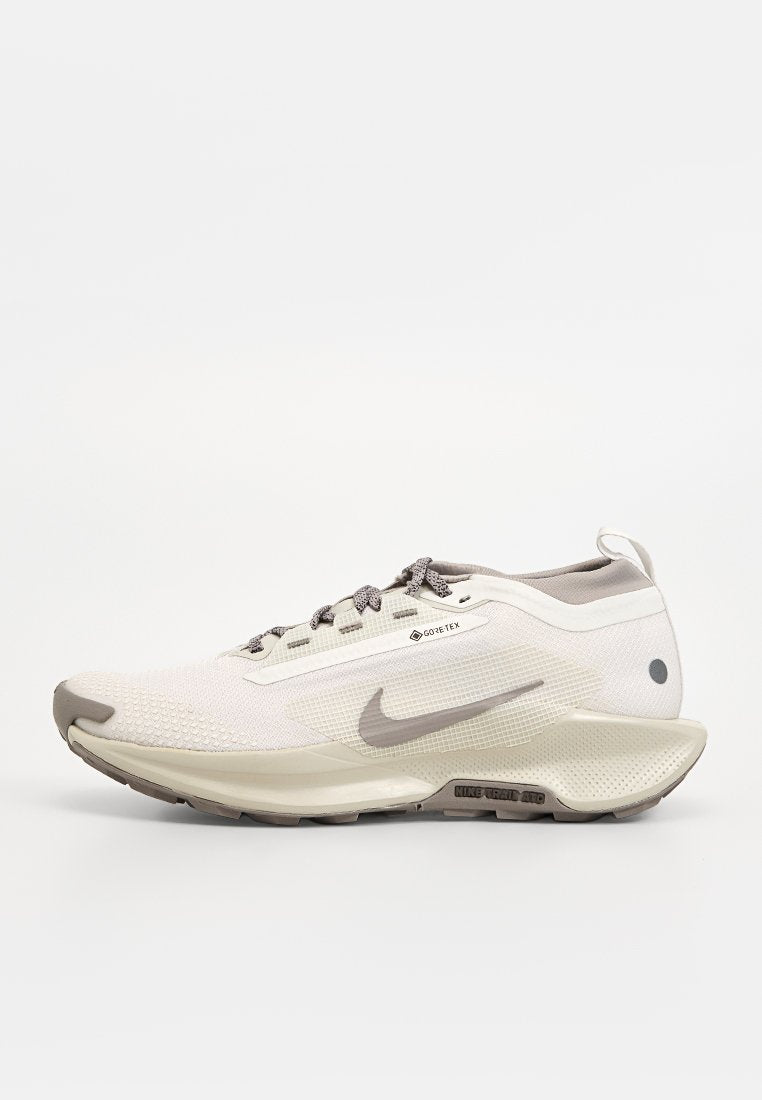 Hellbeiger Nike-Laufschuh mit grauem Swoosh, Gore-Tex-Label, Schnürdesign und strukturiertem Profil für den Outdoor-Einsatz.