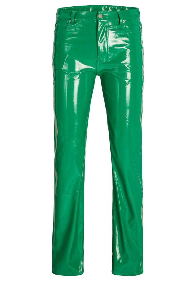 Grüne, hochglänzende, taillierte Hose aus glattem, glänzendem Vinylmaterial. Verfügt über ein Standard-Fünf-Taschen-Design und Metallbeschläge.
