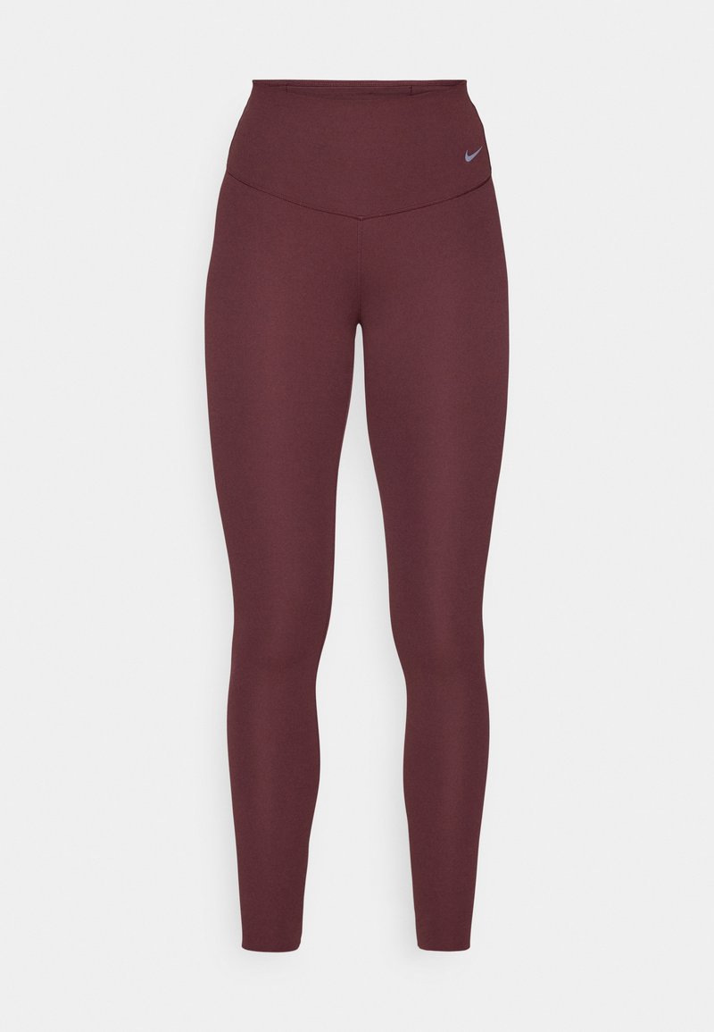 Bordeauxrote Leggings mit hohem Bund aus dehnbarem Stoff. Verfügt über eine glatte Textur und ein kleines graues Nike-Logo am Bund.