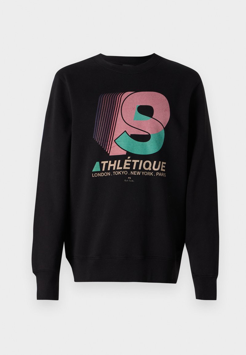 Schwarzes Sweatshirt mit gerippten Bündchen und Saum. Mit einem mehrfarbigen Grafikdesign, das "ATHLÉTIQUE" zeigt, und den Städtenamen in Weiß darunter.