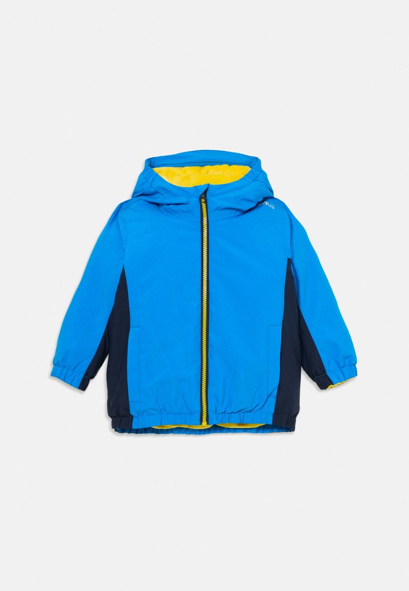 Blaue und marineblaue Kinder-Kapuzenjacke mit gelber Innenfütterung und Frontreißverschluss, elastischen Bündchen und Seitentaschen auf weißem Hintergrund.