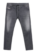 Graue Jeans-Jogginghosen mit Kordelzugbund, Seitentaschen und einem ausgewaschenen Finish, versehen mit dezenten Waschungen und Nahtdetails.