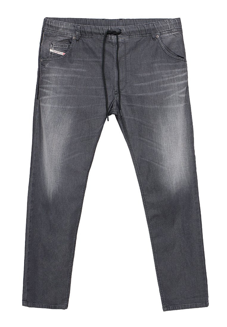Graue Jeans-Jogginghosen mit Kordelzugbund, Seitentaschen und einem ausgewaschenen Finish, versehen mit dezenten Waschungen und Nahtdetails.