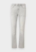 Hellgraue Slim-Fit-Jeans mit Distressed-Effekten an beiden Knien, Fünf-Taschen-Design und Knopf- mit Reißverschlussverschluss.