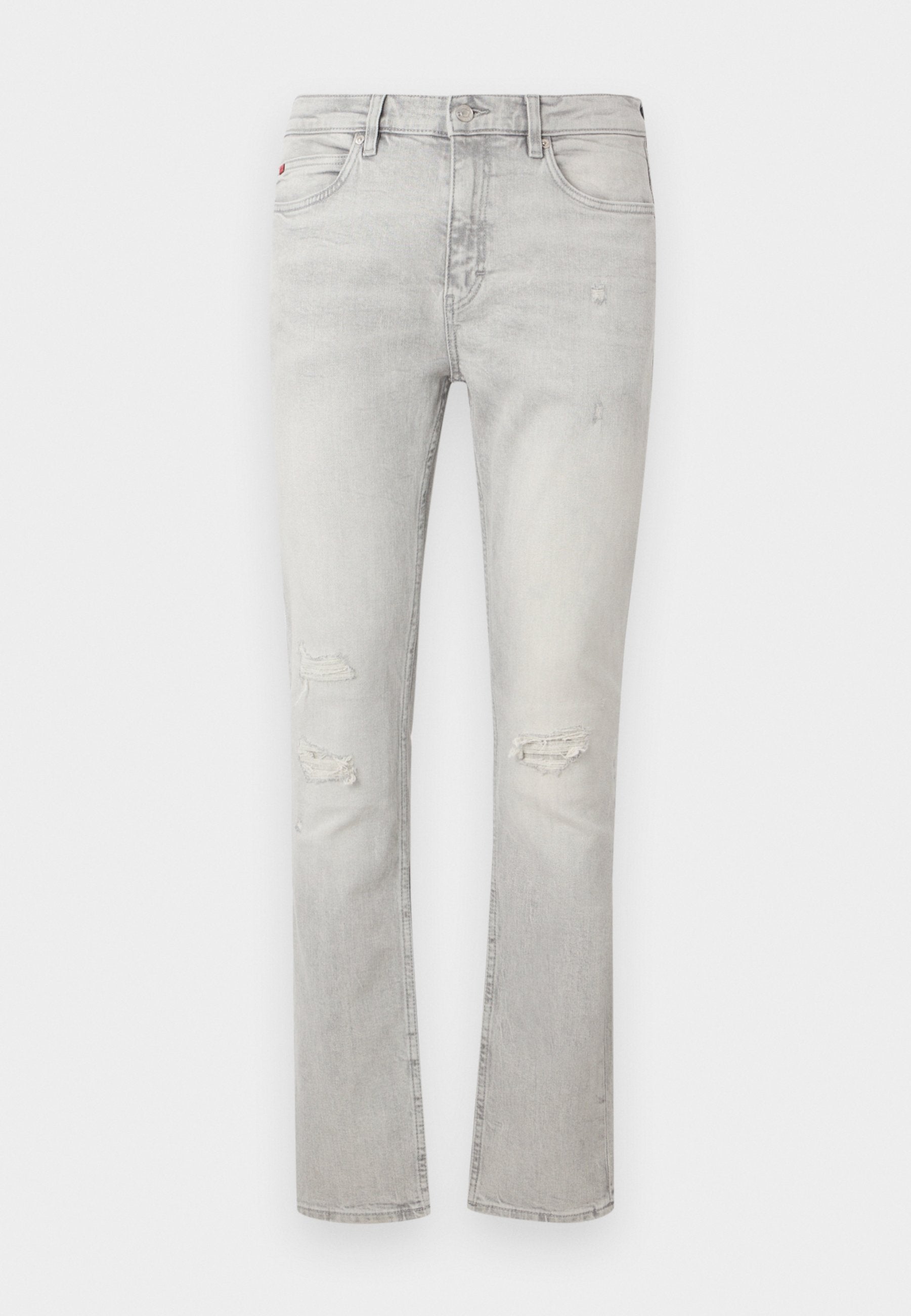 Hellgraue Slim-Fit-Jeans mit Distressed-Effekten an beiden Knien, Fünf-Taschen-Design und Knopf- mit Reißverschlussverschluss.