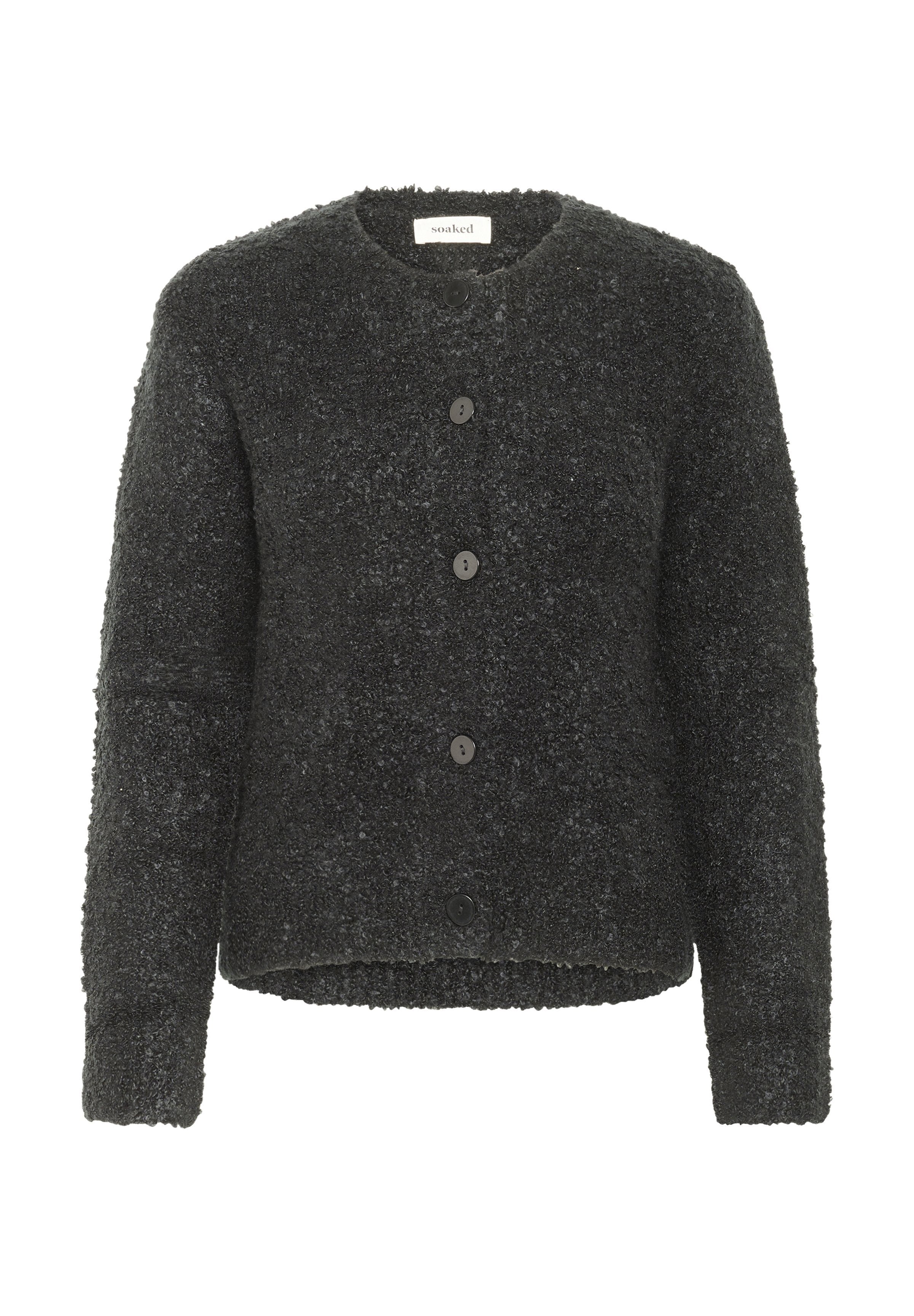 Dunkel strukturierte Strickjacke mit rundem Ausschnitt, fünf schwarzen Knöpfen und langen Ärmeln. Hergestellt aus weichem, flauschigem Material.