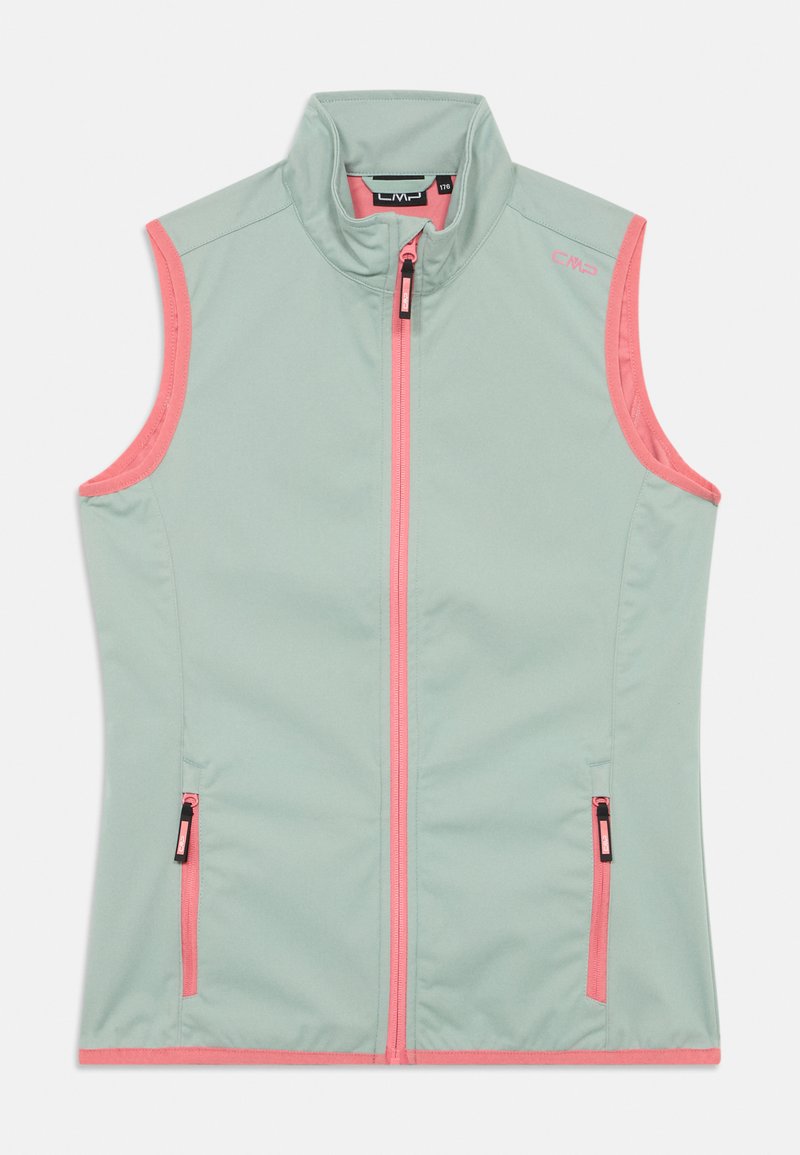 Hellgrüner ärmelloser Weste mit hohem Kragen, pinken Akzenten, frontalem Reißverschluss und zwei seitlichen Reißverschluss-Taschen. Glatte Textur und minimalistisches Design.