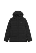 Schwarze Puffjacke mit Kapuze, mit einem gesteppten Design, glatter Oberfläche und zwei Vordertaschen. Dezentes Logo auf der Brust.