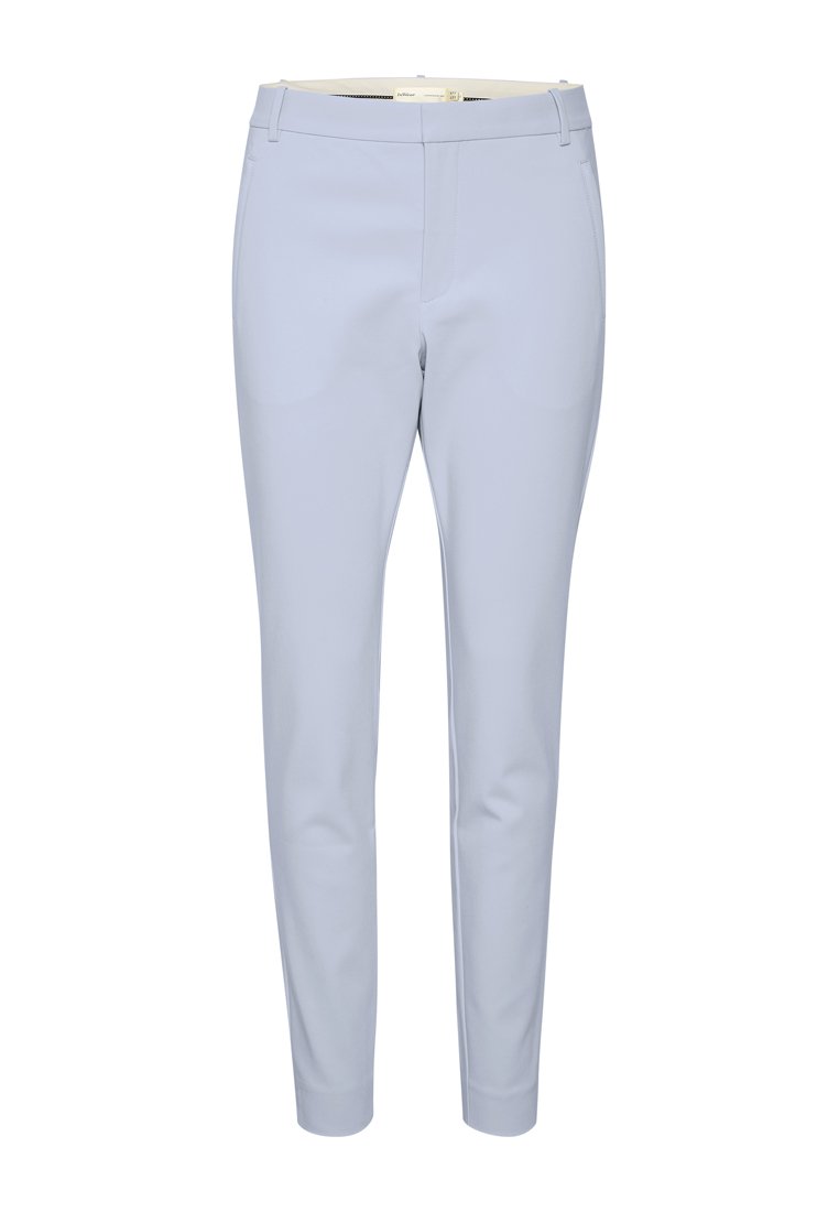 Hellblaue maßgeschneiderte Hose mit schmalem Schnitt, glatter Textur und flachem Vorderdesign, das einen Reißverschluss und einen Hakenverschluss aufweist.