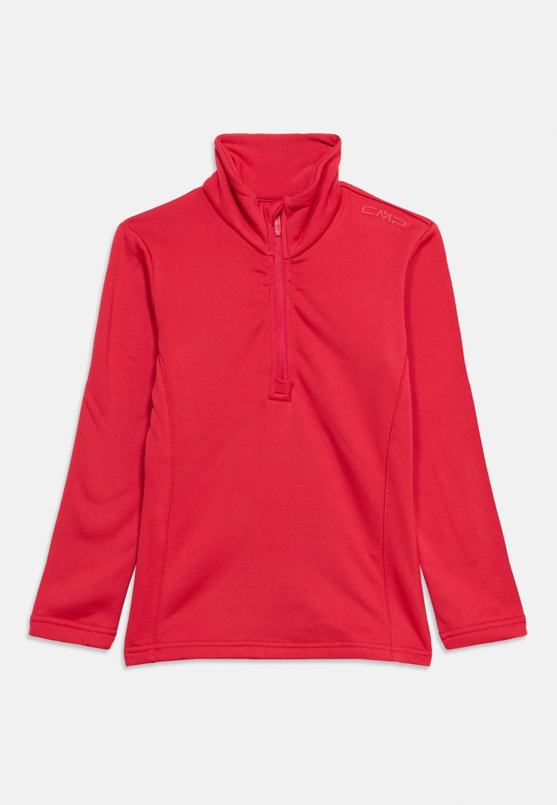 Roter Pullover mit langen Ärmeln, halbem Reißverschluss und Stehkragen, mit dezentem Logo auf der oberen linken Schulter.