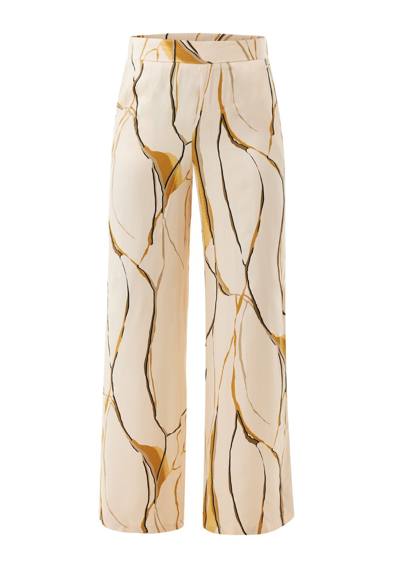 Weite Hose aus leichtem Stoff, mit einem cremigen Grundton und einem abstrakten Marmormuster in Schwarz und Gold. Maßgeschneiderter Bund, keine Taschen.