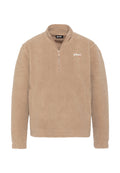 Beiger Fleecepullover mit halbem Reißverschluss am Kragen, strukturierter Oberfläche und kleinem Logo auf der Brust. Verfügt über lange Ärmel und eine lockere Passform.