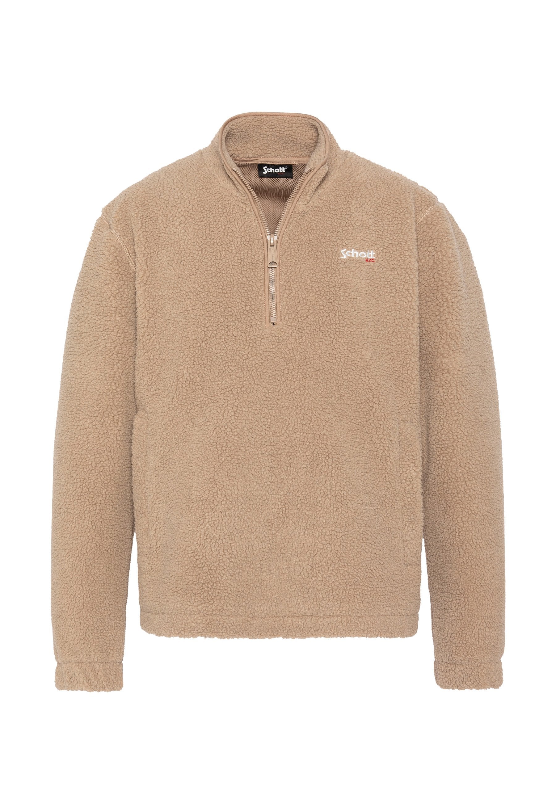 Beiger Fleecepullover mit halbem Reißverschluss am Kragen, strukturierter Oberfläche und kleinem Logo auf der Brust. Verfügt über lange Ärmel und eine lockere Passform.