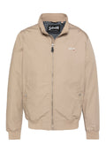 Beige Reißverschlussjacke mit gerippten Bündchen und Saum, zwei Druckknopftaschen und einem karierten Innenkragen, mit "Schott"-Logo auf der Brust.