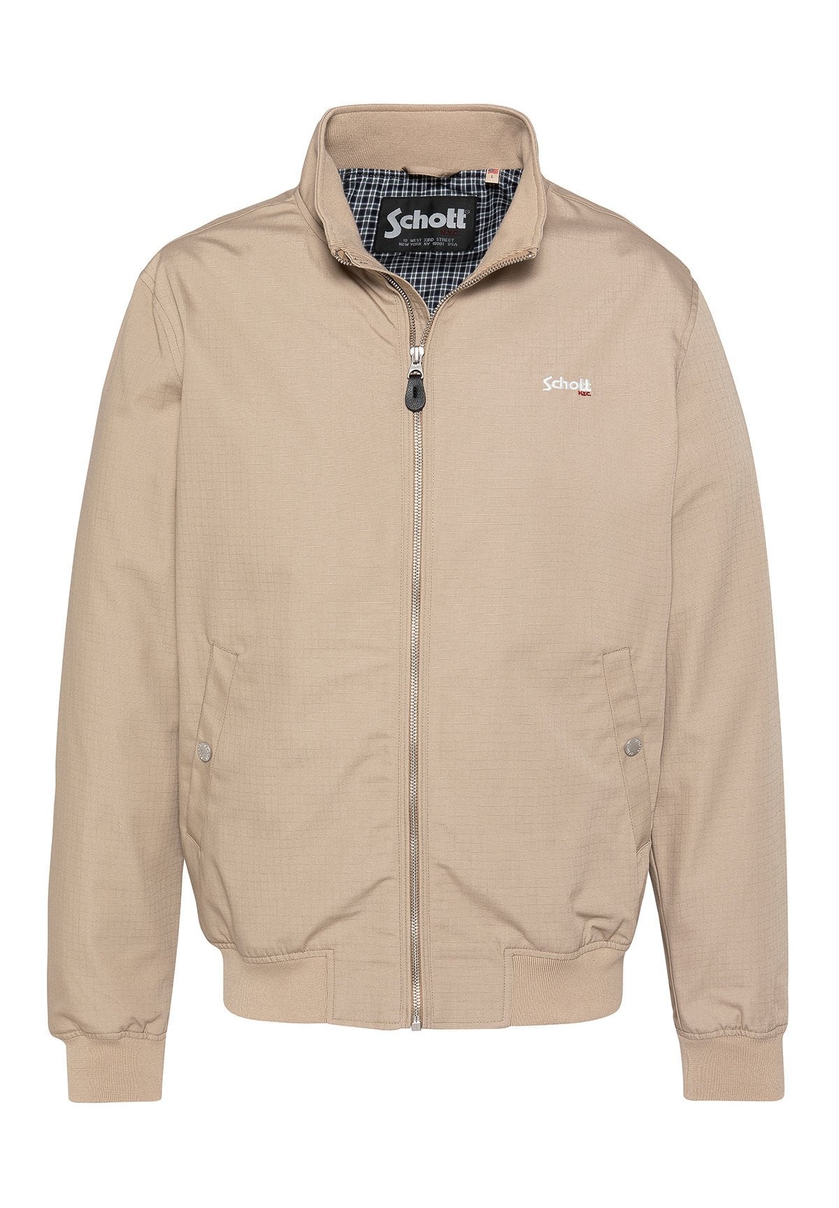 Beige Reißverschlussjacke mit gerippten Bündchen und Saum, zwei Druckknopftaschen und einem karierten Innenkragen, mit "Schott"-Logo auf der Brust.
