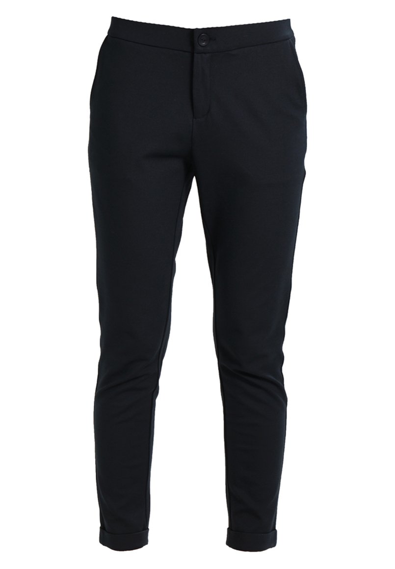 Schwarze, figurbetonte Hosen aus Stretchstoff mit Knopfverschluss, tapered Beinform und hochgekrempelten Säumen an den Knöcheln.