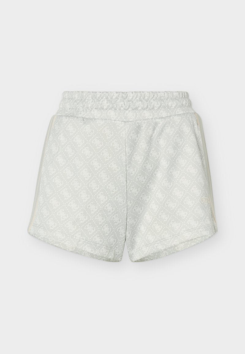 Weiße Shorts mit elastischem Bund, dezentem Monogramm-Muster und Seitentaschen, entworfen für lässige Freizeitkleidung.