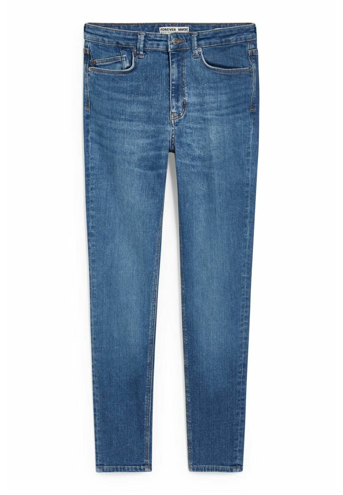 Blaue Skinny-Jeans mit Knopfverschluss vorne, Reißverschluss und fünf Taschen-Design, mit leichter Ausbleichung an Oberschenkeln und Knien.