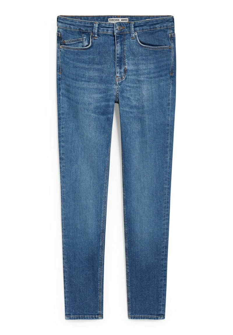 Blaue Skinny-Jeans mit Knopfverschluss vorne, Reißverschluss und fünf Taschen-Design, mit leichter Ausbleichung an Oberschenkeln und Knien.