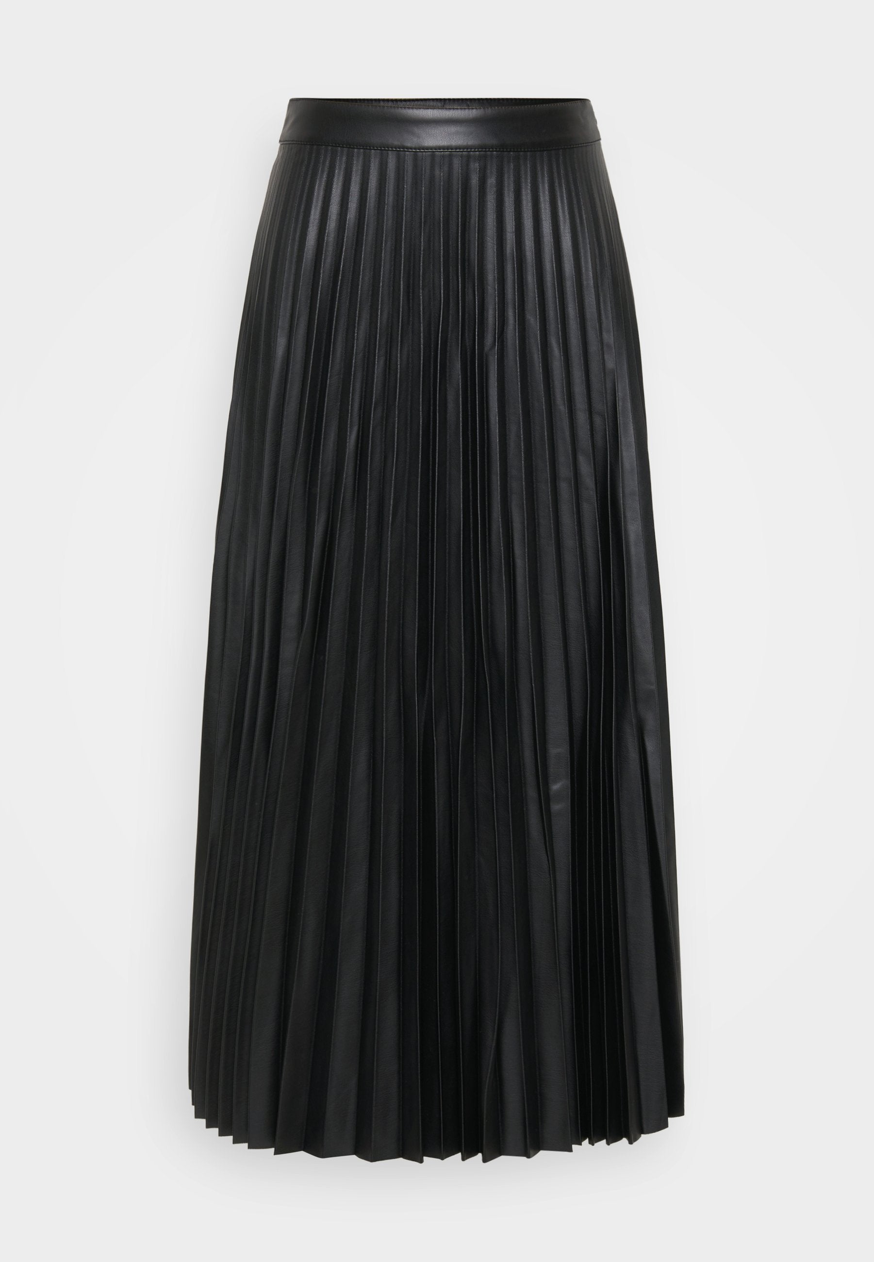 Schwarzer plissierter Rock aus Kunstleder, mit vertikalen Falten, einem glatten Bund und einem bodenlangen Design.