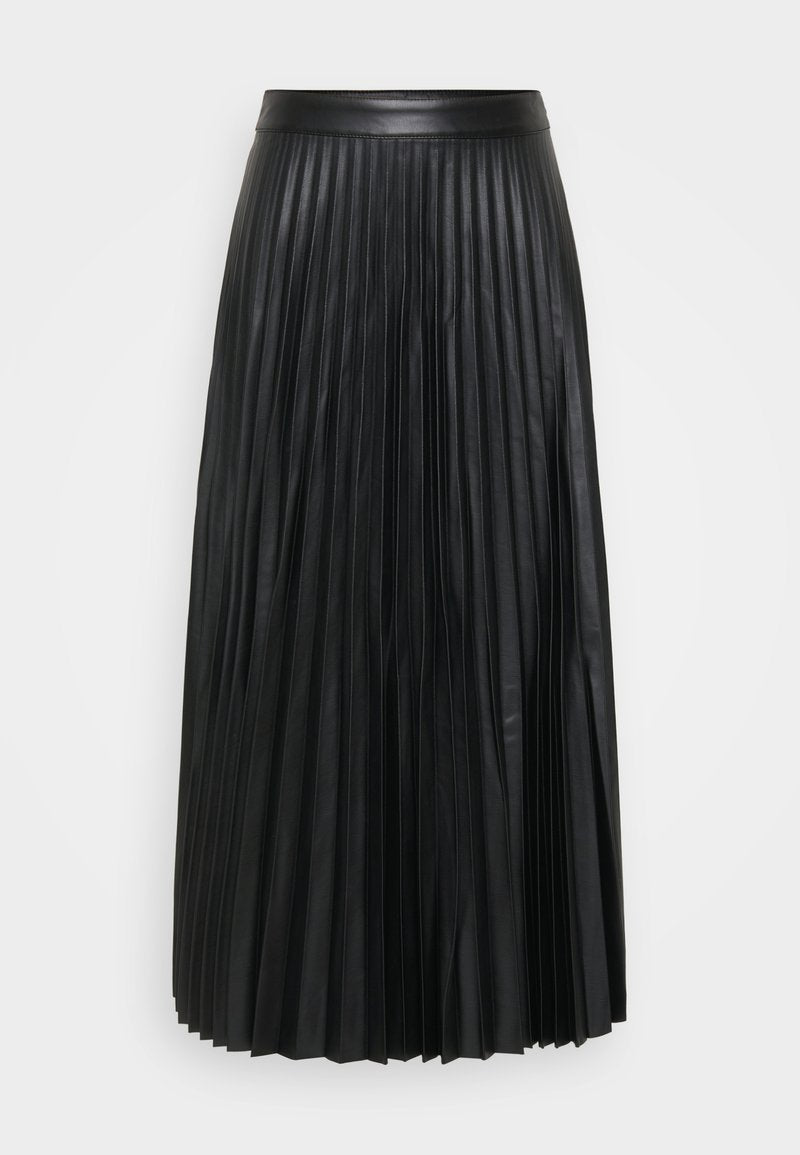 Schwarzer plissierter Rock aus Kunstleder, mit vertikalen Falten, einem glatten Bund und einem bodenlangen Design.