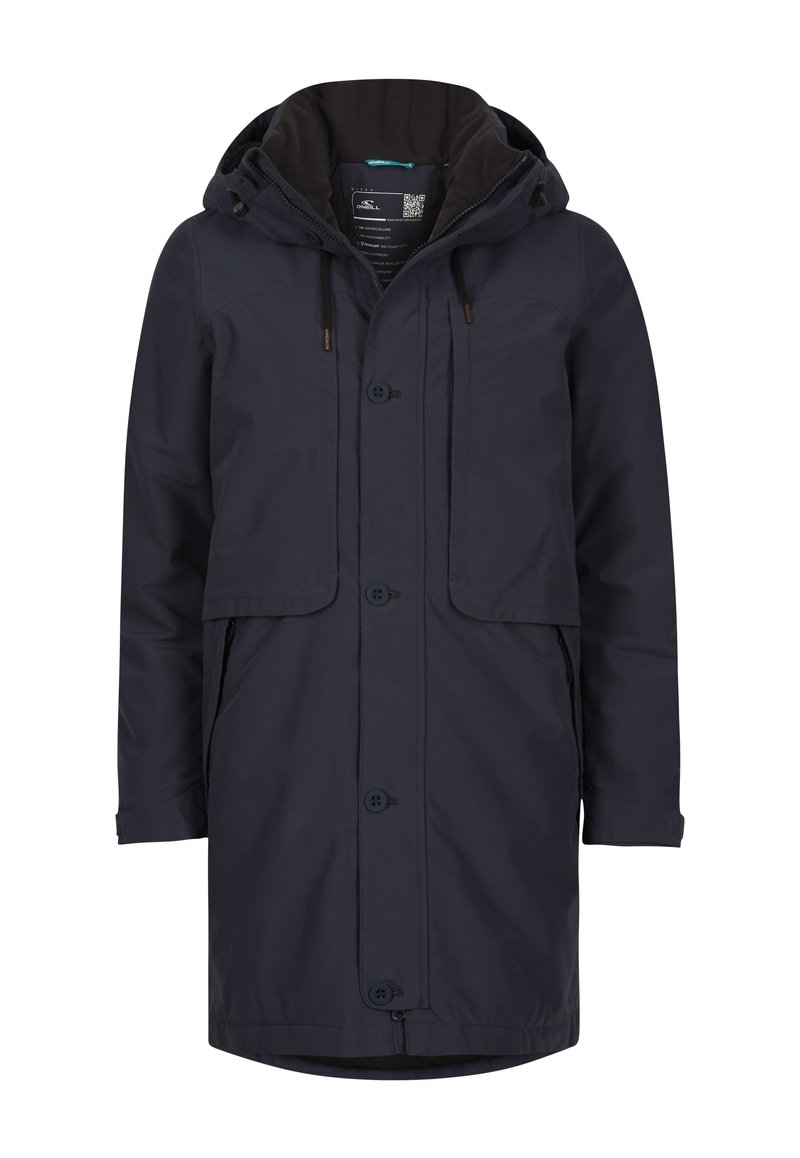 Marine Parka-Jacke aus wasserabweisendem Material, mit Kapuze, Knöpfen vorne und zwei Seitentaschen. Das Innenfutter hat eine kontrastierende Farbe.