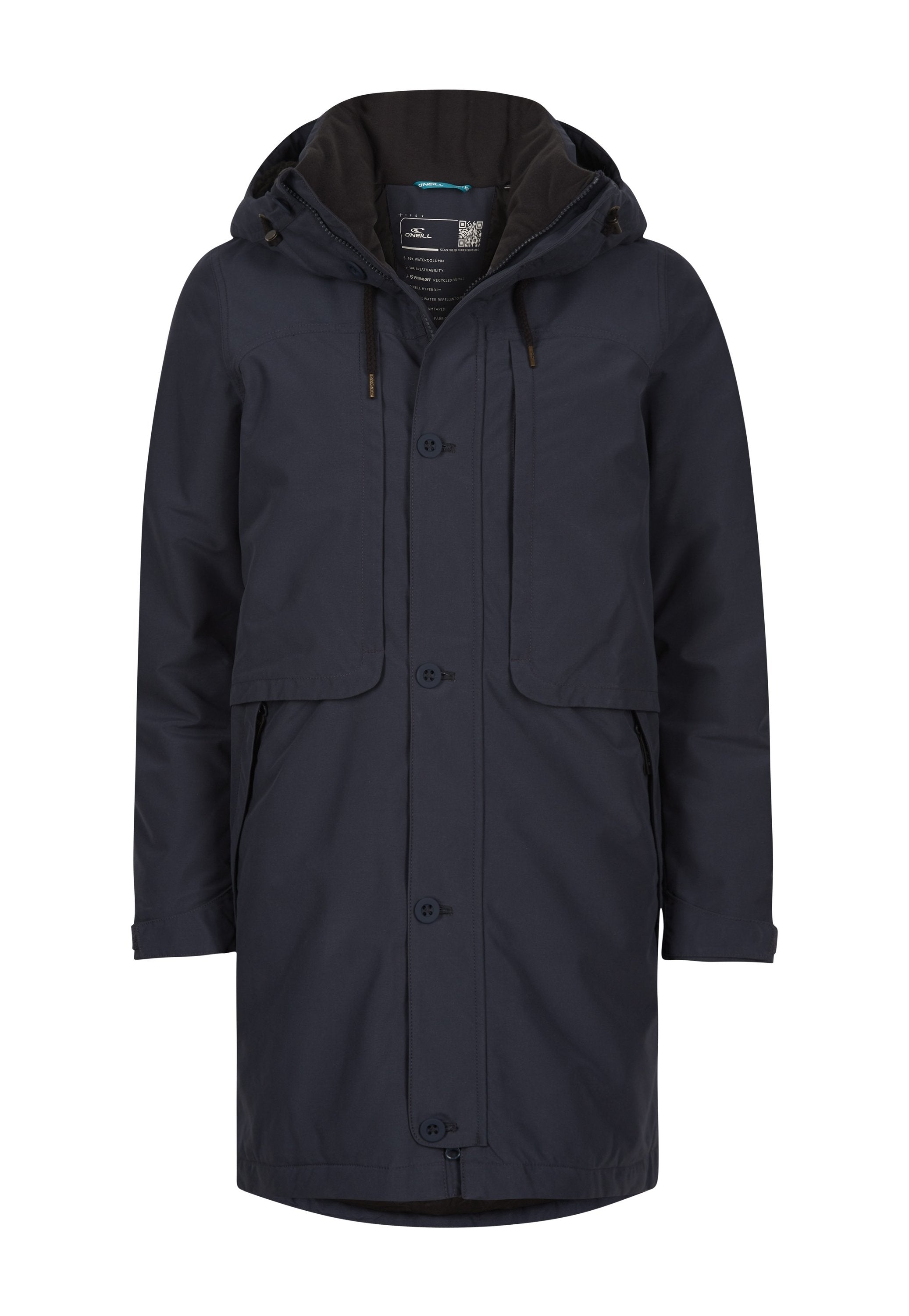 Marine Parka-Jacke aus wasserabweisendem Material, mit Kapuze, Knöpfen vorne und zwei Seitentaschen. Das Innenfutter hat eine kontrastierende Farbe.