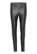 Schwarze Leggings aus Kunstleder mit glatter Oberfläche, anliegendem Schnitt und elastischem Bund für zusätzlichen Komfort. Keine sichtbaren Metallteile oder Verzierungen.