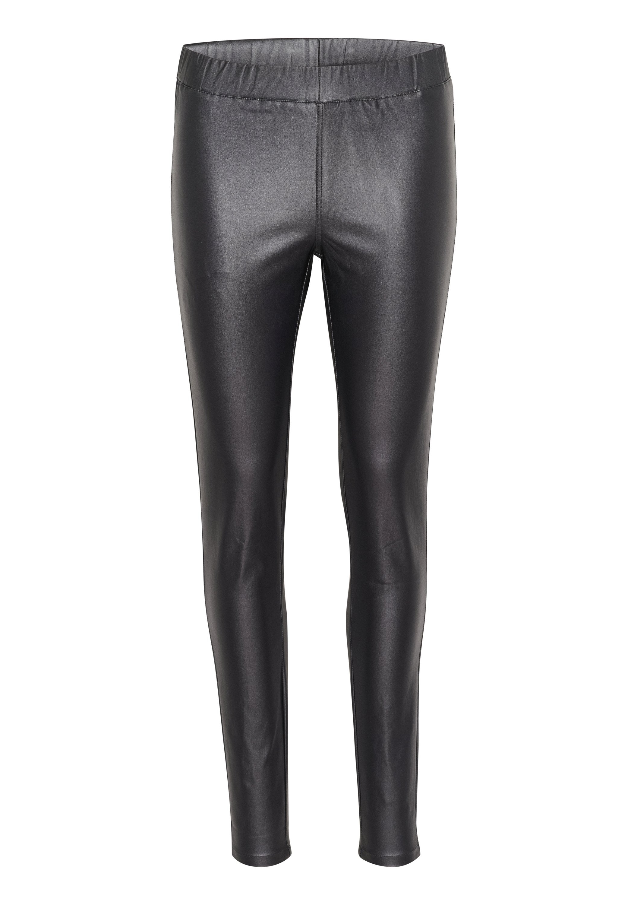 Schwarze Leggings aus Kunstleder mit glatter Oberfläche, anliegendem Schnitt und elastischem Bund für zusätzlichen Komfort. Keine sichtbaren Metallteile oder Verzierungen.