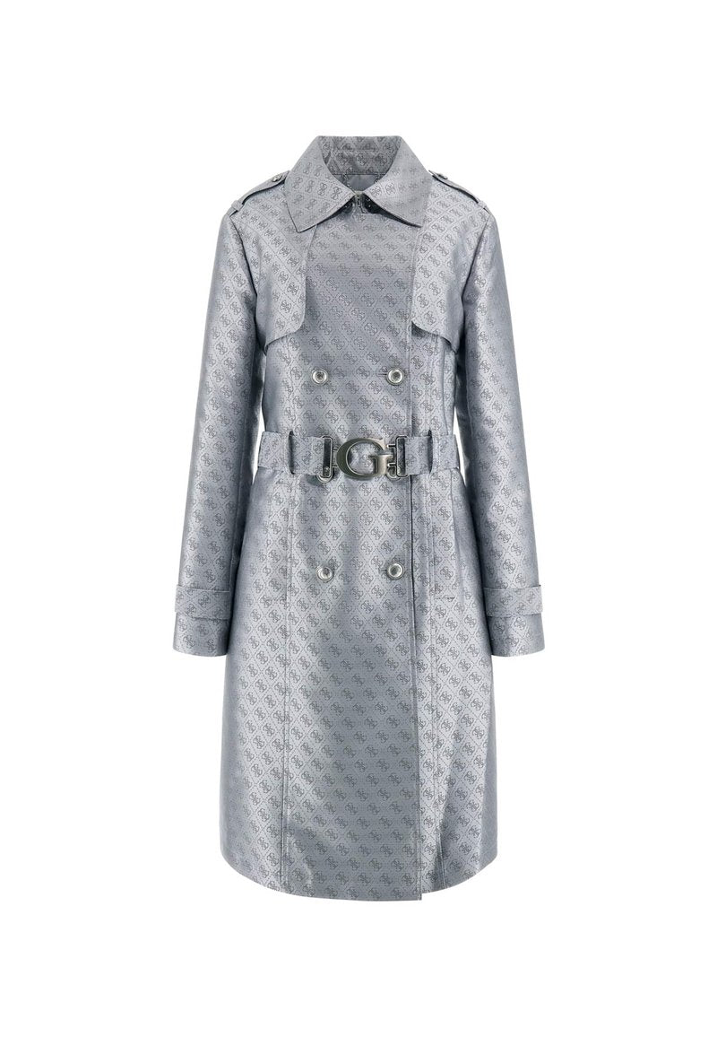 Silberner Trenchcoat mit einem gemusterten Textur, doppelreihiger Front, weitem Kragen und einem Gürtel mit einer markanten Schnalle.